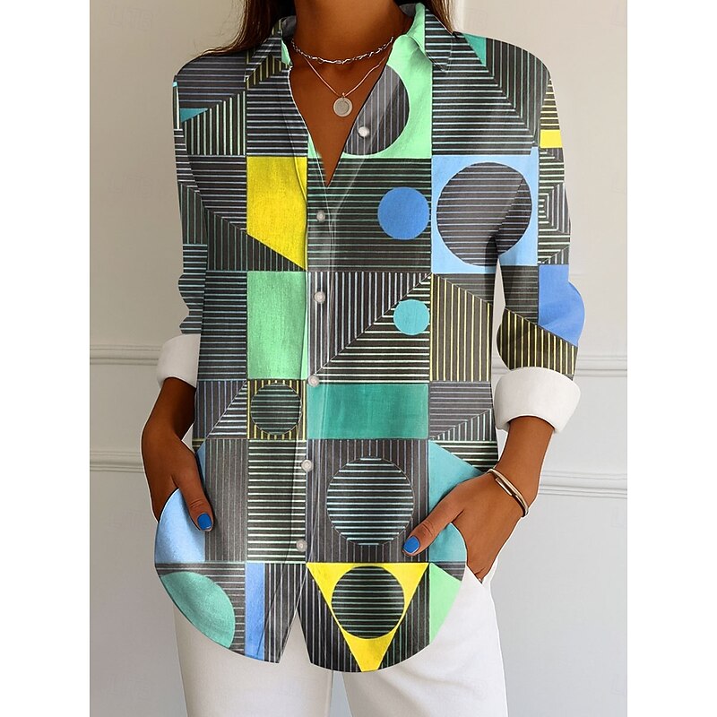 Women's Shirt Button Down Tunic Shirt Collar Long Sleeve Graphic Geometric Striped Vintage Tropical Daily Regular Tops Work Daily s Print Blue Purple Orange Brown Spring2