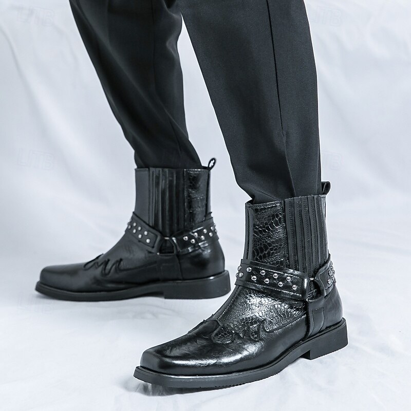 Men's Gothic Ankle Boots with Studded Straps – Punk Style Slip-On Combat Shoes for Halloween, Cosplay & Night Out3