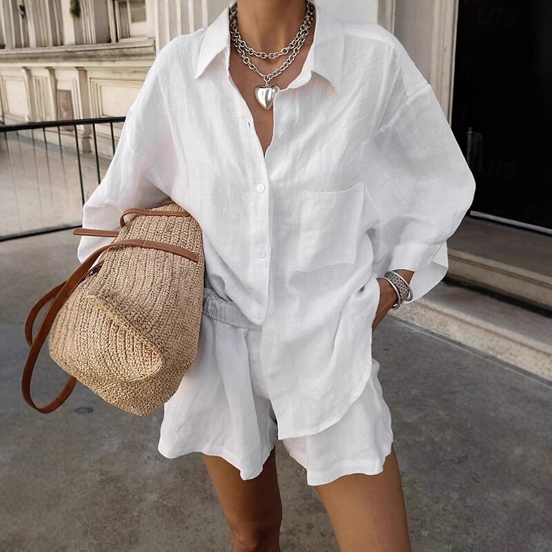 Women 100% Cotton Elegant Vacation Vintage Shorts Sets Long Sleeve Shirt Collar Plain Vacation Casual Daily White Summer