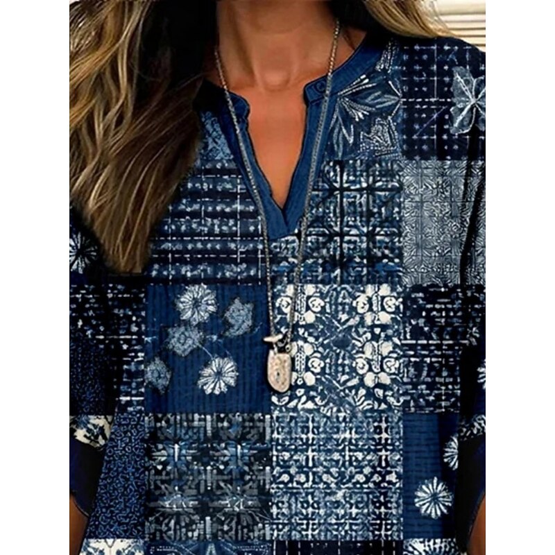 Women's Shirt Floral Color Block Vintage Daily Casual Long Sleeve V Neck Regular Tops Daily Holiday Buttons Print Navy Blue Spring Fall3