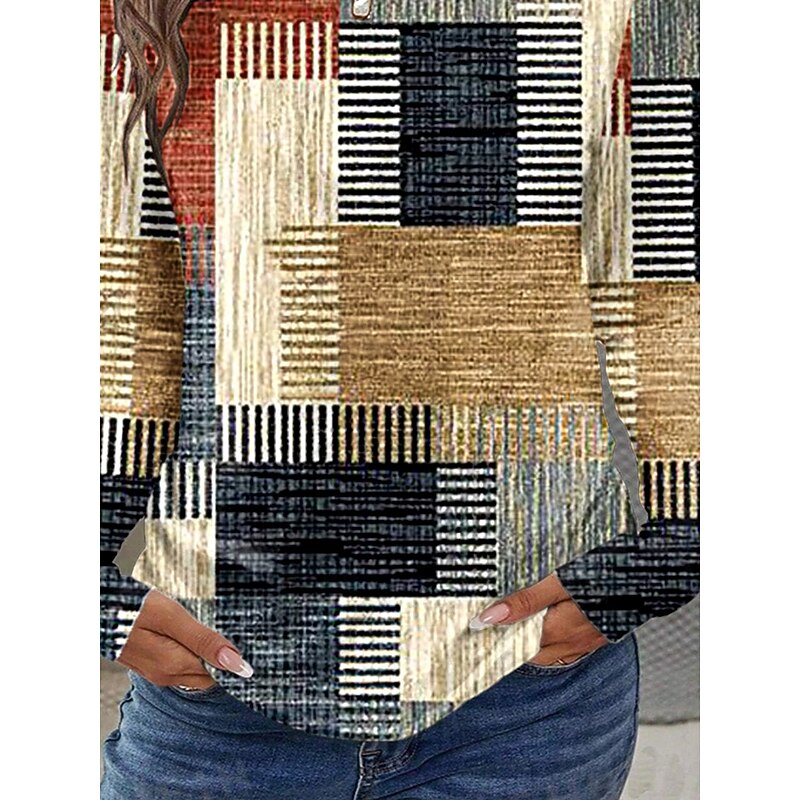 Women's T shirt Crew Neck Long Sleeve Tunic Graphic Geometric Plaid Vintage Stylish Classic  Round Neck Regular Tops Daily Print Khaki Fall3