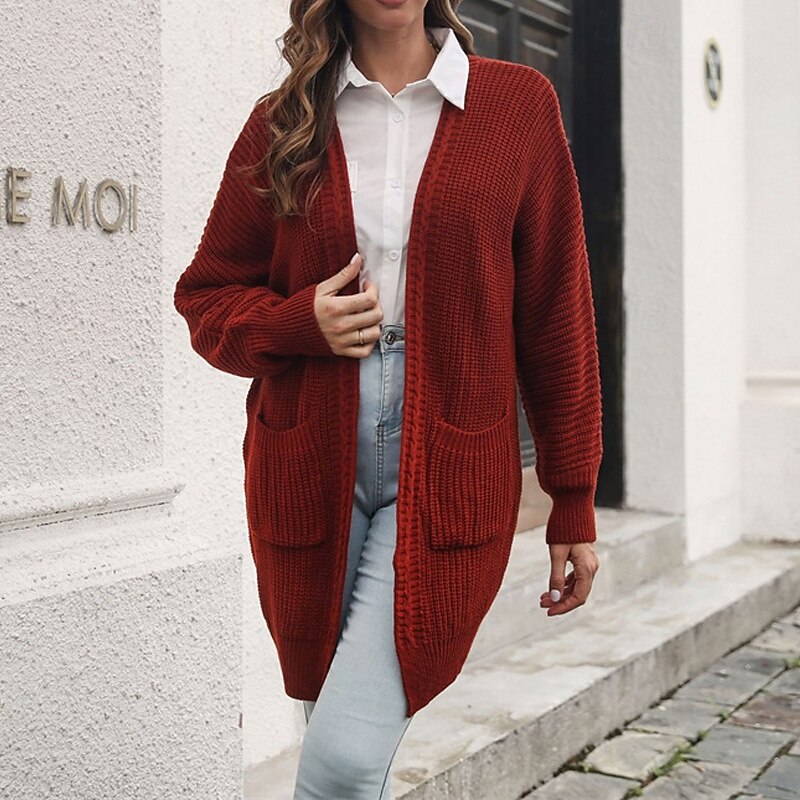Women's Cardigan Casual Solid Color Chunky V Neck Pocket Knitted Long Sleeve Long Tops Knit Daily Holiday Going out Wine Gray Fall Winter3
