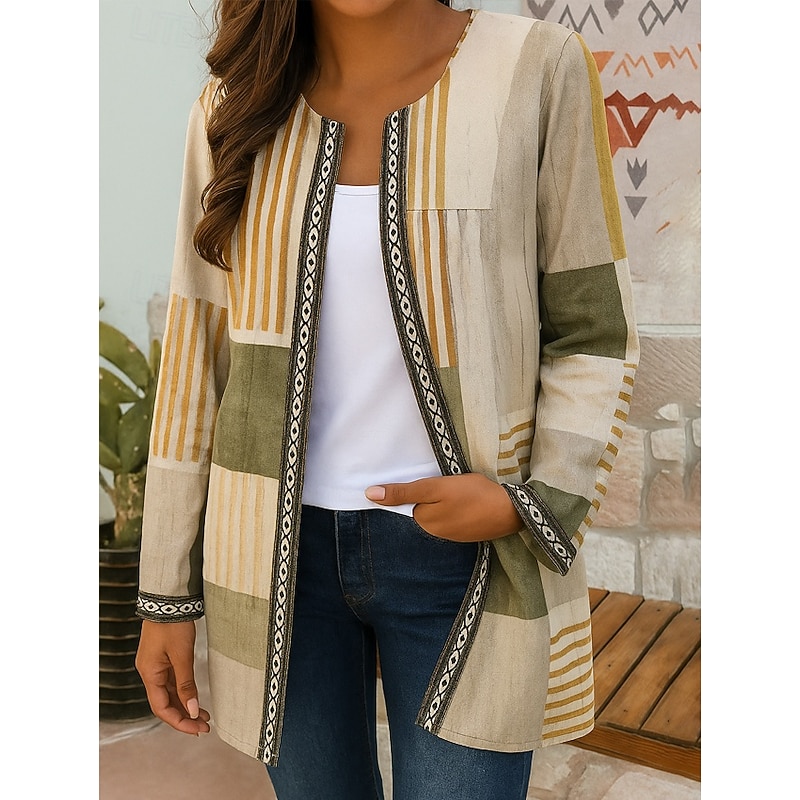 Women's Blazer Windproof Warm Pocket Color Block Open Front Modern Boho Vintage Geometric Casual Daily Casual Daily Regular Crewneck Loose Fit Long Sleeve Outerwear Black Yellow Pink Fall