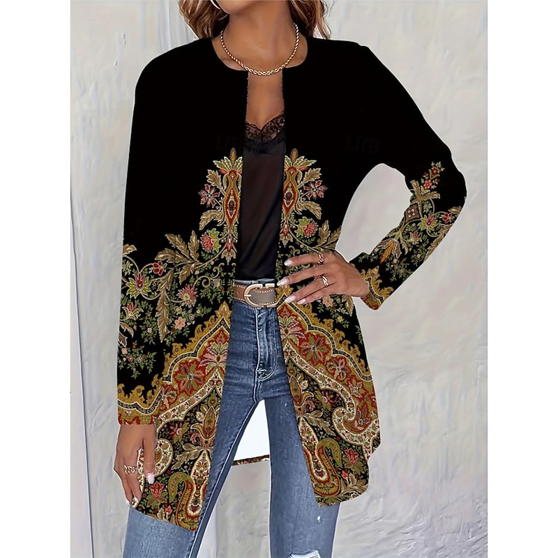 Women's Casual Jacket Comfortable Breathable Pocket Open Front Elegant Vintage Fashion Daily Geometric Vacation Daily Wear Regular Crewneck Long Sleeve With Pocket Loose Fit Long Sleeve Coat