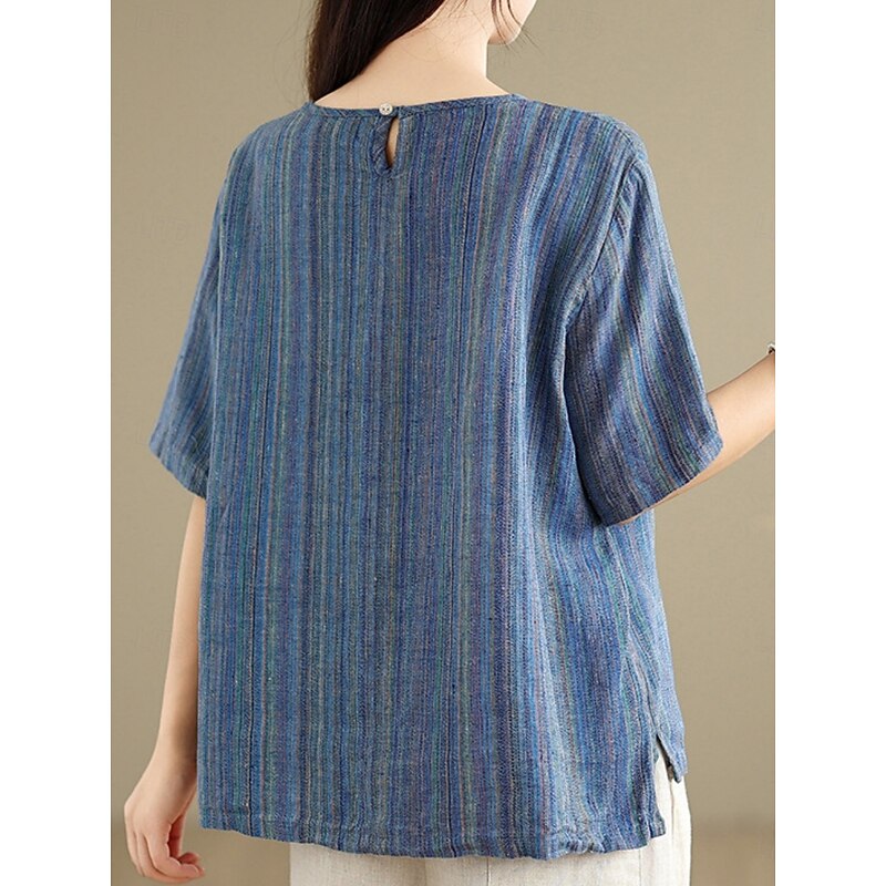 Women's Blouse Striped Stylish Casual Half Sleeve Crew Neck Regular Tops Daily Print Blue Green Khaki Summer Spring Fall2