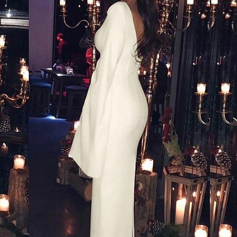 Sheath Cocktail Dresses Elegant Dress Wedding Guest Holiday Tea Length Long Sleeve Jewel Neck Fall Wedding Guest Jersey Backless with Sleek Pure Color Dresses3