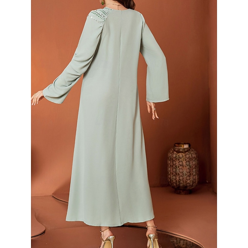 A-Line Mother of the Bride Dress Elegant V Neck Floor Length Chiffon Long Sleeve with Crystals4