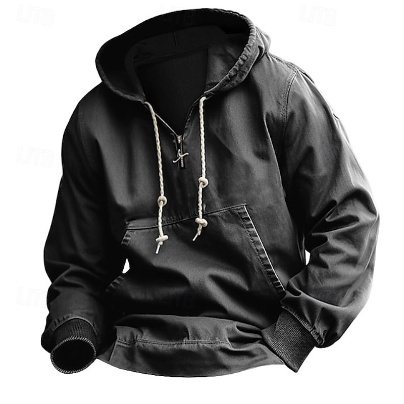Men's Tactical Black Navy Blue Hooded Plain Zip Up Front Pocket Quarter Zip Tactical Sports & Outdoor Casual Streetwear Cool Sportswear Fall & Winter Clothing Apparel Hoodies Sweatshirts  Long Sleeve