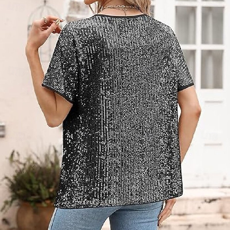 Women's Sequin Sparkly Party Glitter Sparkly Fashion Modern Short Sleeve Crew Neck Regular Tops Daily Weekend Sequins Silver Black Pink Wine Green Summer2