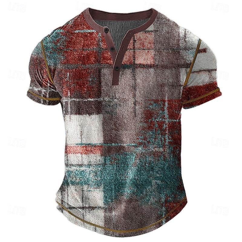 Men's Graphic Abstract Henley Shirt Waffle T Shirt Short Sleeve Daily Retro Vintage Classic Sports Outdoor Casual Holiday Spring & Summer All Seasons Dark Brown Blue Green Burgundy Henley Henley