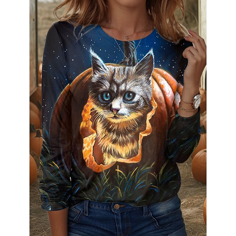 Dakota Daetwiler Halloween Women's T shirt Pumpkin Crew Neck Long Sleeve Tunic Graphic Animal Cat Vintage Stylish  Round Neck Regular Tops Daily Weekend Print Orange Fall Winter