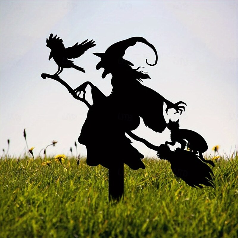 1pc Witch with Broomstick Metal Garden Stake - Iron Outdoor Halloween Decor with Cat & Crow Freestanding Fall Thanksgiving Yard Sign No Electricity Needed Spooky Home Decoration Halloween4