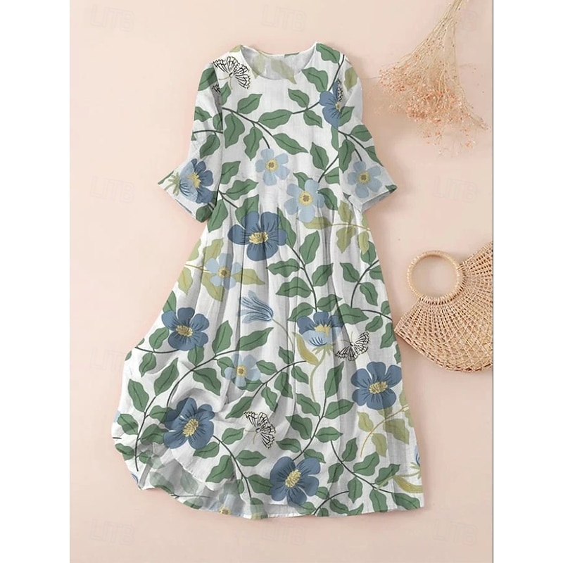 Women's Midi Dress T Shirt Dress Tee Dress A Line Dress Summer Dress Vacation Casual Beach Date Summer Dress Regular Fit Floral Graphic Short Sleeve Crew Neck Dark Brown Black White Light Green2