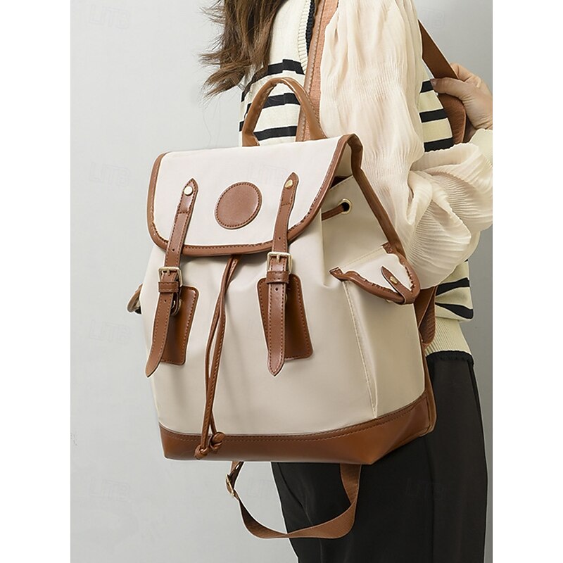 Women's Vintage Faux Leather Trim Backpack - Waterproof Canvas Preppy School Bag with Drawstring Closure for Teenage Girls, Students and Daily Use2