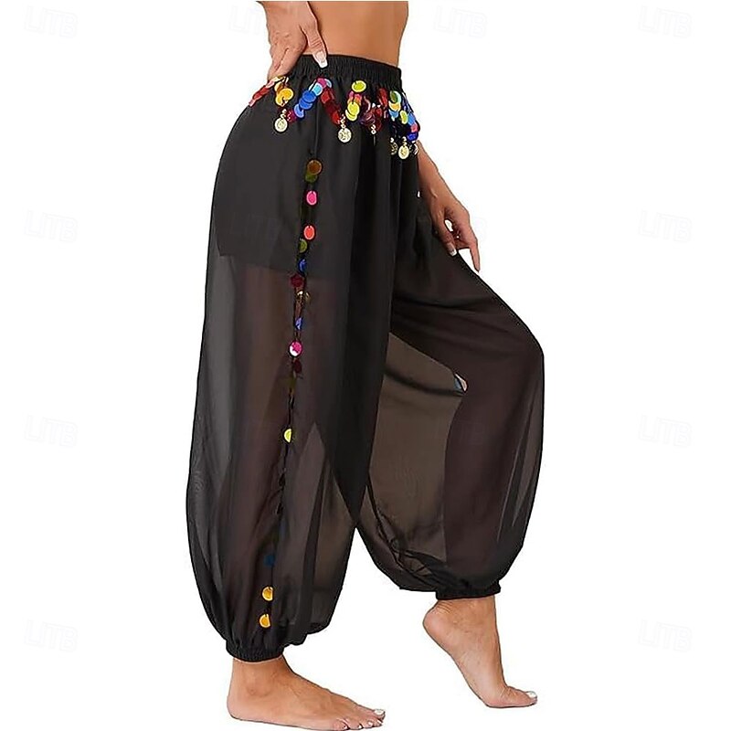 Women's Belly Dance Pants Elastic Wasited Coin Lantern Pants Side Split Sequin Shiny Harem Arabian India Performance Trousers4