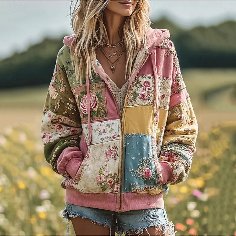 Women's 3D Print Vintage Boho Hoodie Patchwork Hoodie Sweatshirt Floral Hooded Sweatshirt Jacket Long Sleeve Zip Up With Pocket Lightweight Casual Zip Up s Street Dailywear Patchwork Pocket Fall