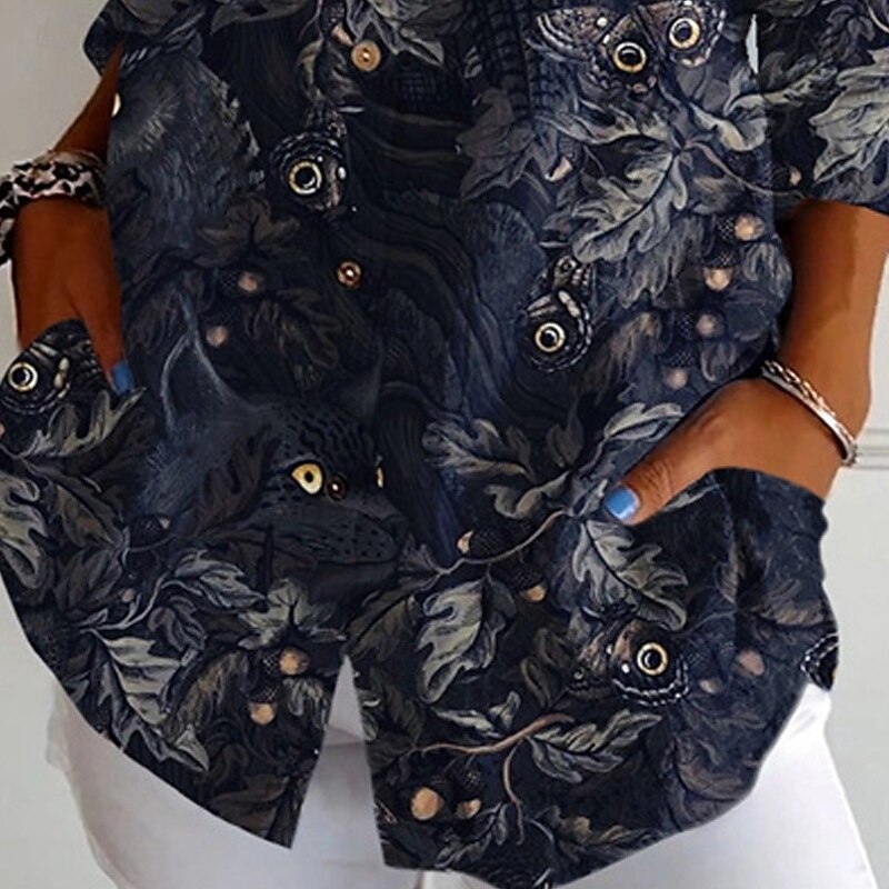 Women's Shirt Animal Print Vintage Stylish Long Sleeve V Neck Regular Tops Daily Holiday Going out Buttons Print Navy Blue Summer3