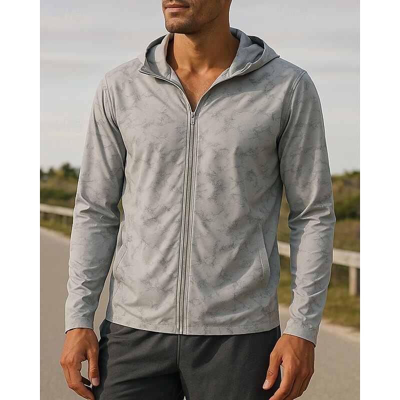 Men's Running Jacket Outdoor Jacket Hooded Jacket Long Sleeve Top Athleisure Fall Graphic Sun Protection Breathable Gym Outdoor Running Sportswear Activewear White Coffee Grey3