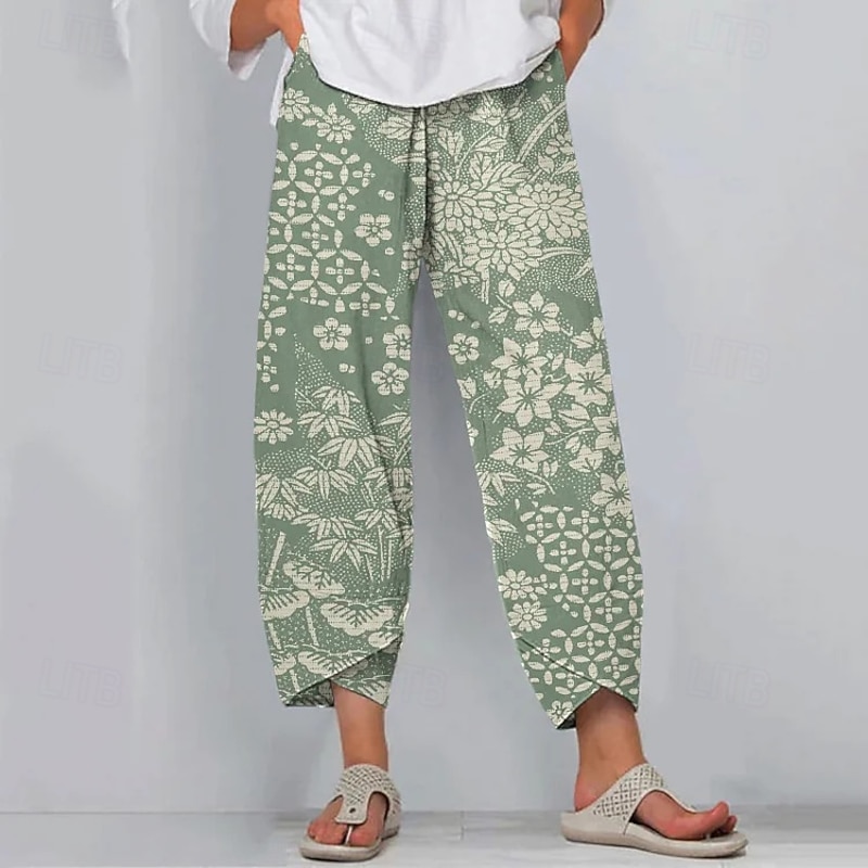 Women's Slacks Active Vacation Vintage Full Length High Waist Floral Graphic Elastic Waistband Comfy Breathability Soft Micro-elastic Outdoor Street Daily Red Navy Blue Purple Green Summer Spring4