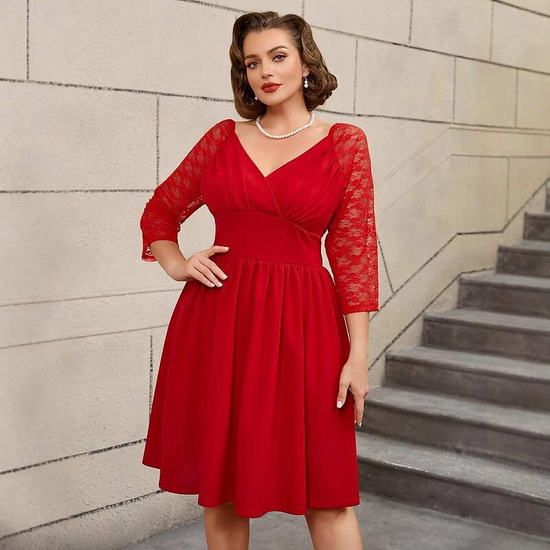 Retro Vintage 1950s Rockabilly Above Knee Dress A Line Dress Flare Dress Plus Size Lace V Neck Fancy Dress Women's Wedding Vacation Party & Evening Adults' Dress Spring & Summer