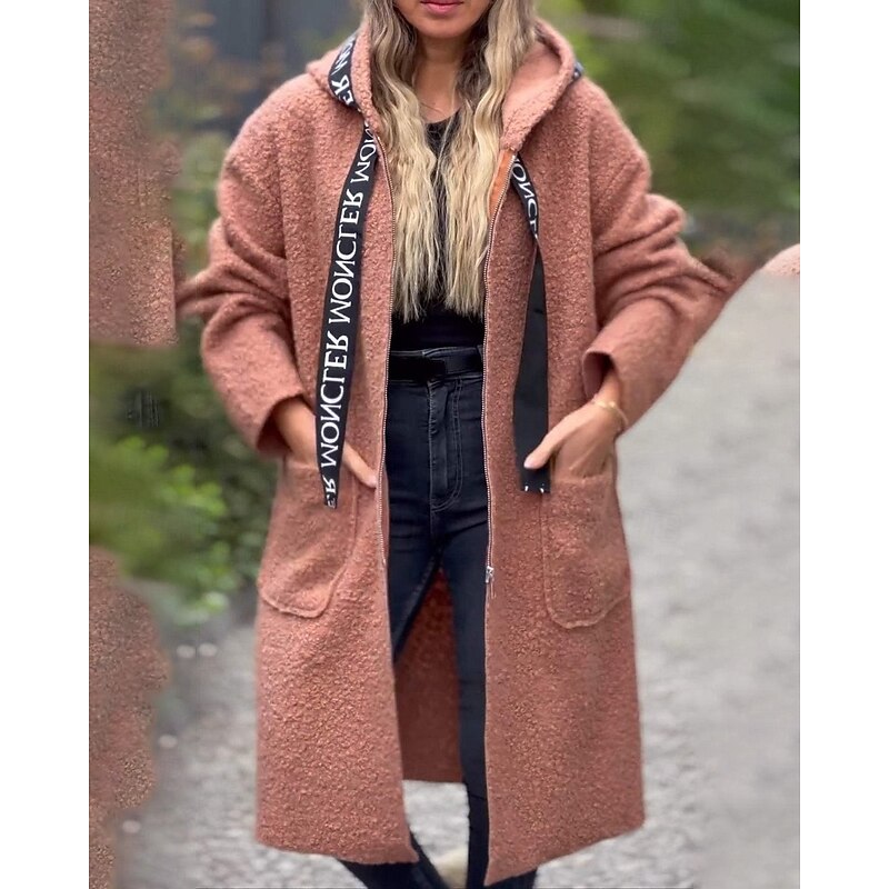 Women's Coat Warm Comfortable Pocket Fashion Letter Going out Weekend Zipper Long Hooded Regular Fit Long Sleeve Outerwear Rose Gold Black White Fall Winter4