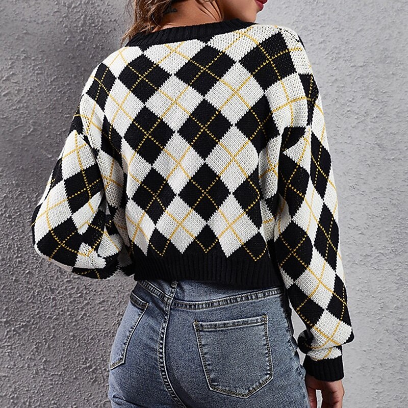 Women's Pullover Casual Argyle Chunky V Neck Knitted Long Sleeve Crop Tops Knit Daily Holiday Going out Black Fall Winter4