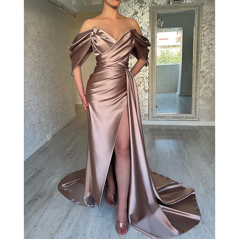 Mermaid / Trumpet Evening Gown Elegant Dress Formal Wedding Court Train Flowy Dress Sleeveless Sweetheart Satin with Pleats Ruched Slit2