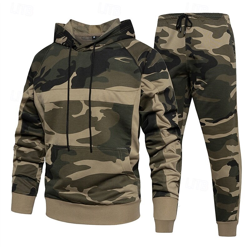 Men's Hoodie Tracksuit Sweatsuit Army Green Khaki Hooded Camouflage 2 Piece Sports & Outdoor Daily Holiday Polyester Streetwear Basic Casual Spring Fall Clothing Apparel Hoodies Sweatshirts