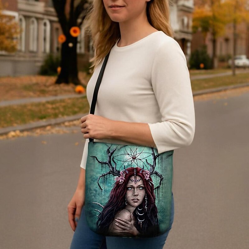 Women's Gothic Halloween Crossbody Bag  By Sarah Richter– Creepy Doll or Witch Print Shoulder Purse for Spooky Costume Parties and Festivals2