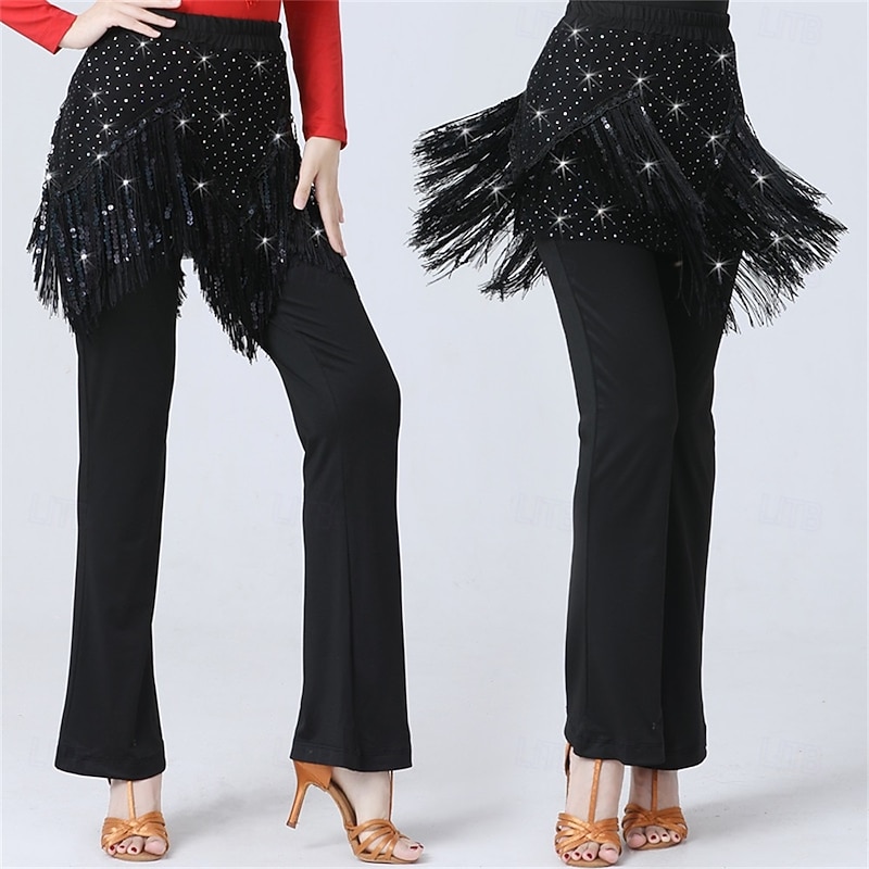 Women's Latin & Ballroom Dance Pants – Sparkly Sequin Long Trousers for Square Dance, Standard/Modern Performance & Practice
