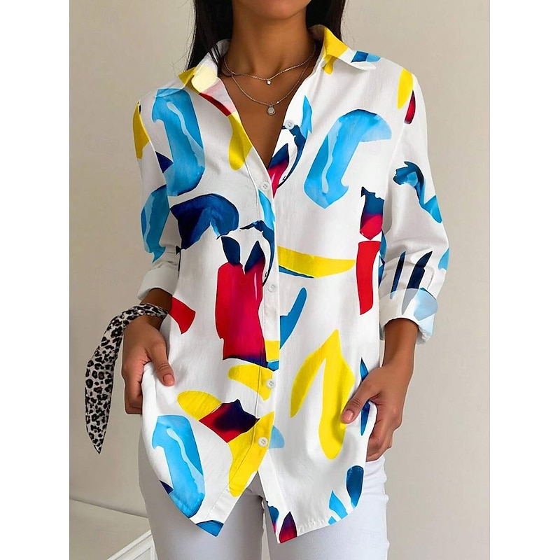 Women's Shirt Button Down Tunic Shirt Collar Long Sleeve Ombre Graphic Elegant Vintage Tropical Regular Tops Work Daily s Print White Yellow Spring3