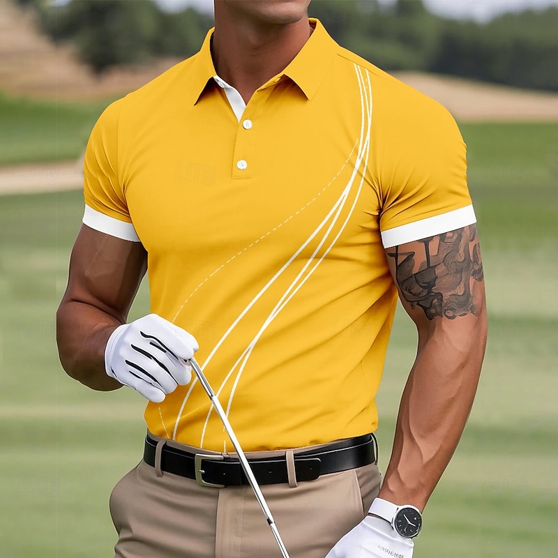 Men's Golf Line Polo Sports Polo Shirts Short Sleeve Polo Shirts Collared Shirts Sportswear Casual Outdoor Athleisure Buttons Summer Black Yellow Red3
