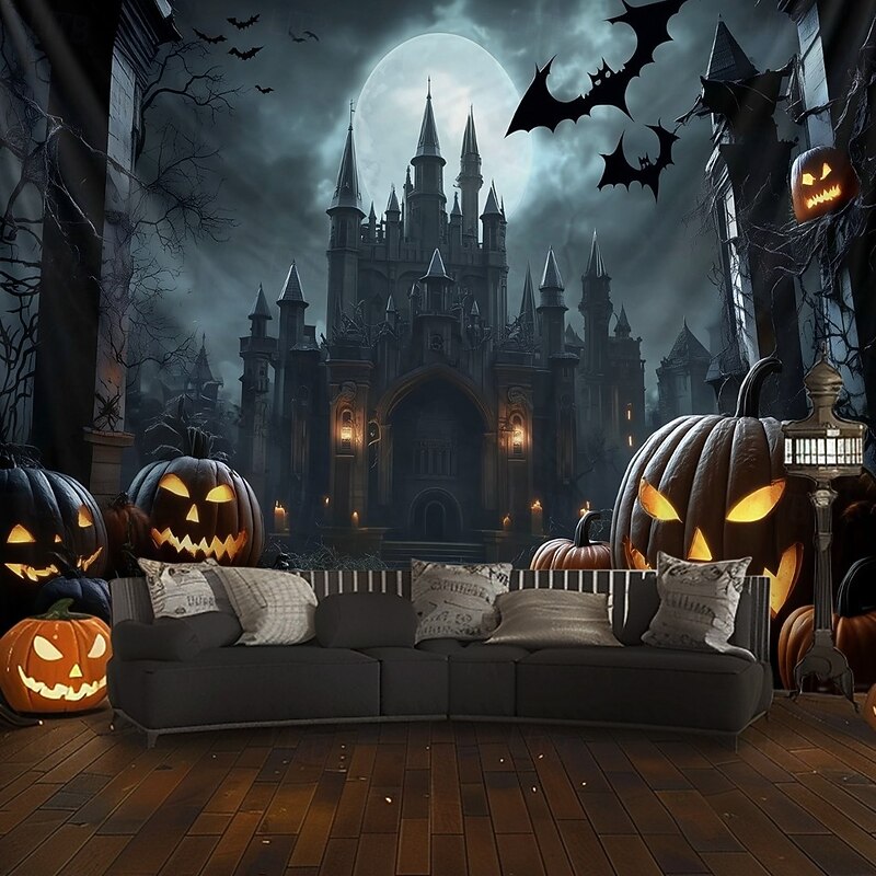 Halloween Gothic Castle Wall Tapestry – Spooky Night Scene with Pumpkins and Bats, Horror Haunted Castle Backdrop for 2025 HALLOWEEN Living Room, Bedroom, Party Decoration