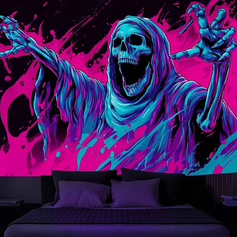 Halloween Blacklight Wall Tapestry – UV Reactive Zombie Musicians with Jack-o'-Lanterns, Neon Colors Scene, Glow in the Dark Horror Backdrop for 2025 Halloween Party Decoration3