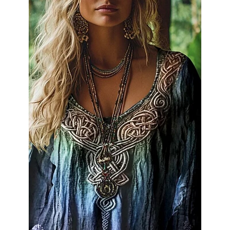 Women's Blouse Graphic Vintage Daily Casual  Long Sleeve V Neck Regular Tops Tribal Tree Of Life Vintage Designer Basic Print Vacation Street Going out Daily Holiday Print Blue Summer Spring Fall2