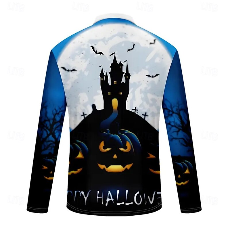 Halloween Men's Pumpkin Castle Polo Long Sleeve Turndown Casual Daily Dark Sports & Outdoor Casual Daily Festival Zipper 3D Print Spring Fall Winter Robin's Egg Blue2
