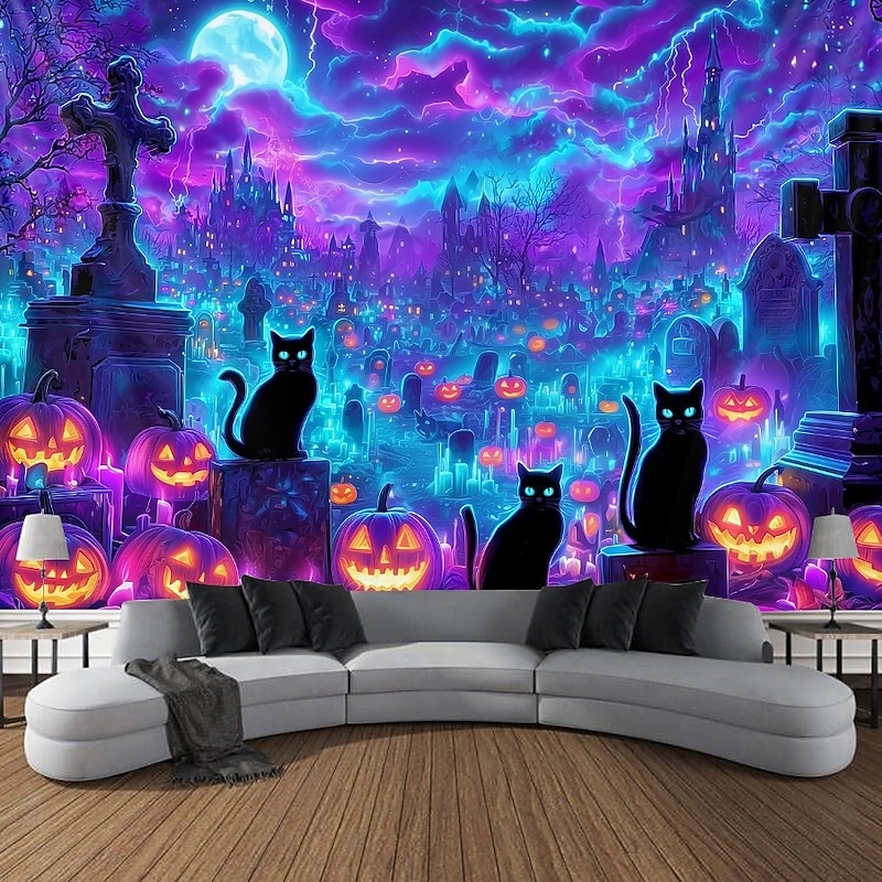 Halloween Blacklight Wall Tapestry – UV Reactive Haunted House with Flying Witch, Jack-o'-Lanterns and Full Moon, Neon Colors, Glow in the Dark Gothic Wall Hanging for 2025 Halloween Decoration4