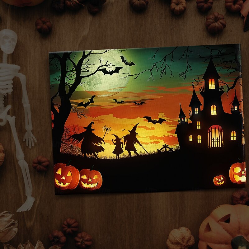 Halloween Haunted House Silhouette LED Canvas Wall Art - Battery Operated Lighted Wall Decor for 2025 Halloween home decoration light livingroom and bedroom