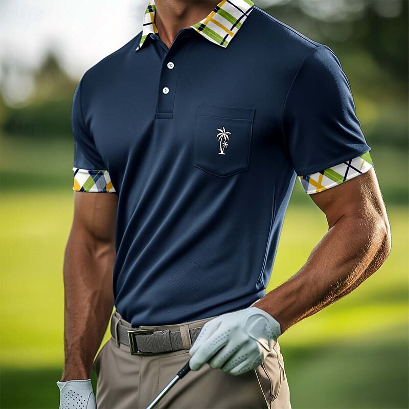 Men's Golf Shirt Pique Polo Shirt Business Casual Ribbed Polo Collar Short Sleeve Fashion Basic Plaid Color Block Buttons Logo Summer Spring Spring &  Fall Regular Fit Yellow Dark Blue Green Golf