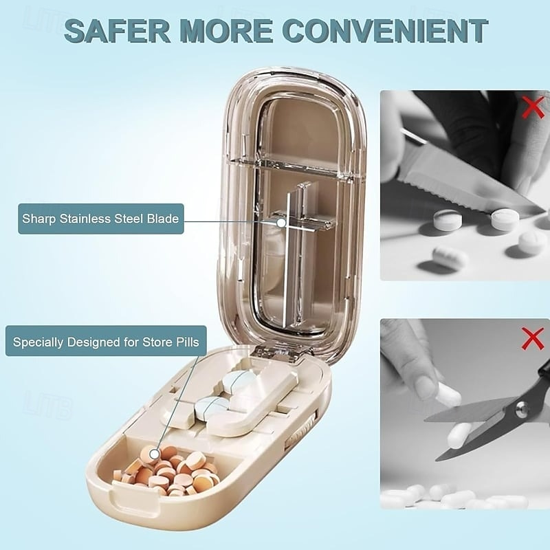 Portable Pill Cutter for Travel, Precise Pill Splitter for 1/2 or 1/4 Cutting, Compact Pill Box with Blade for Accurate Tablet Splitting and Storage3