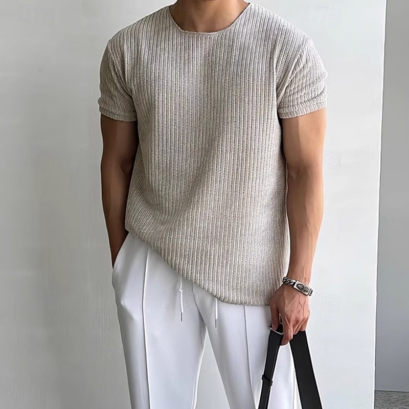 Men's T Shirt Tee Short Sleeve Shirt Tee Top Short Sleeve Crew Neck Summer Plain Fashion Designer Basic Jacquard Vacation Street Going out Black Apricot Top Tee for Men4