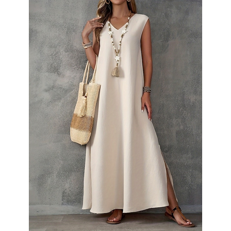 Women's Maxi Dress A Line Dress Summer Dress Casual Daily Regular Fit Plain Sleeveless V Neck Black White Light Purple Green Summer