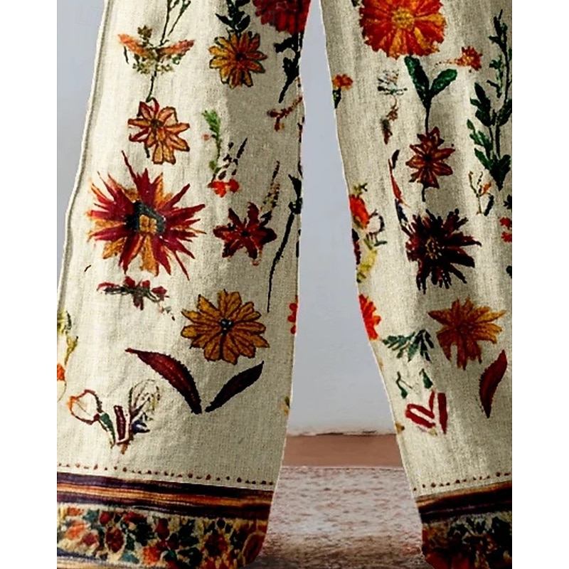 Women's Wide Leg Pants Trousers Palazzo Pants Vintage Boho Full Length High Waist Flower Elastic Waist Printing Breathability Comfortable Street Daily Wear Going out Khaki Spring Fall Regular Fit3