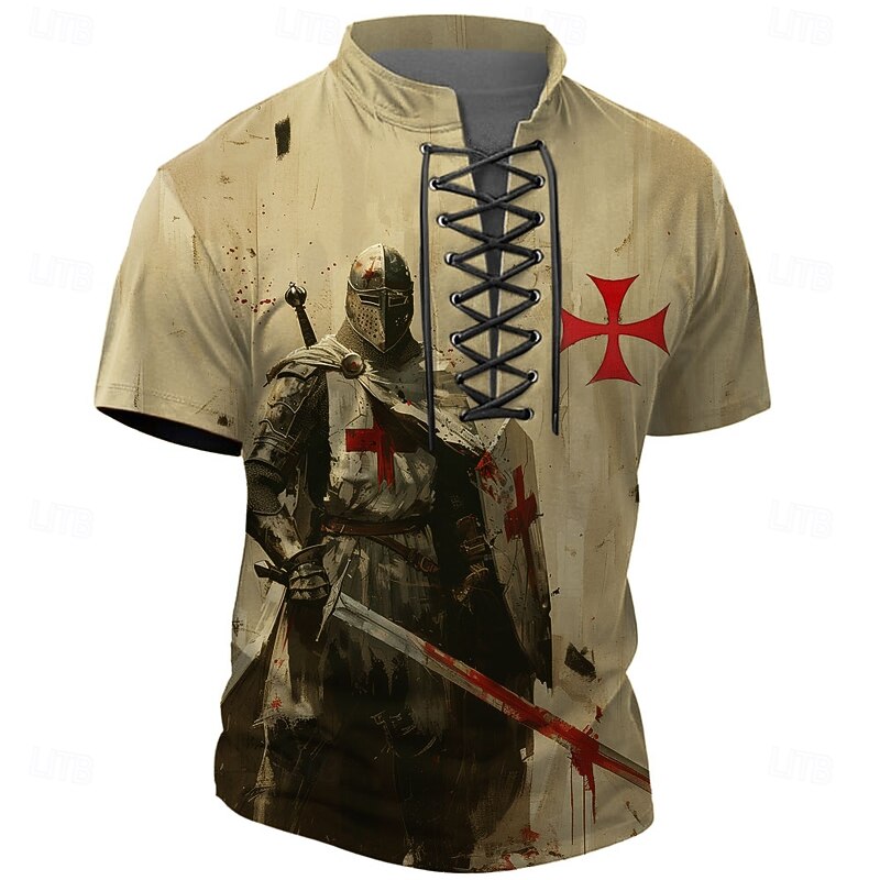Halloween Men's Knights Templar Henley Shirt T shirt Tee Short Sleeve T shirt 3D Print Crew Neck Lace Up Neck Henley Shirt Casual Street Sports Outdoor Casual Brown Khaki Summer Spring All Seasons