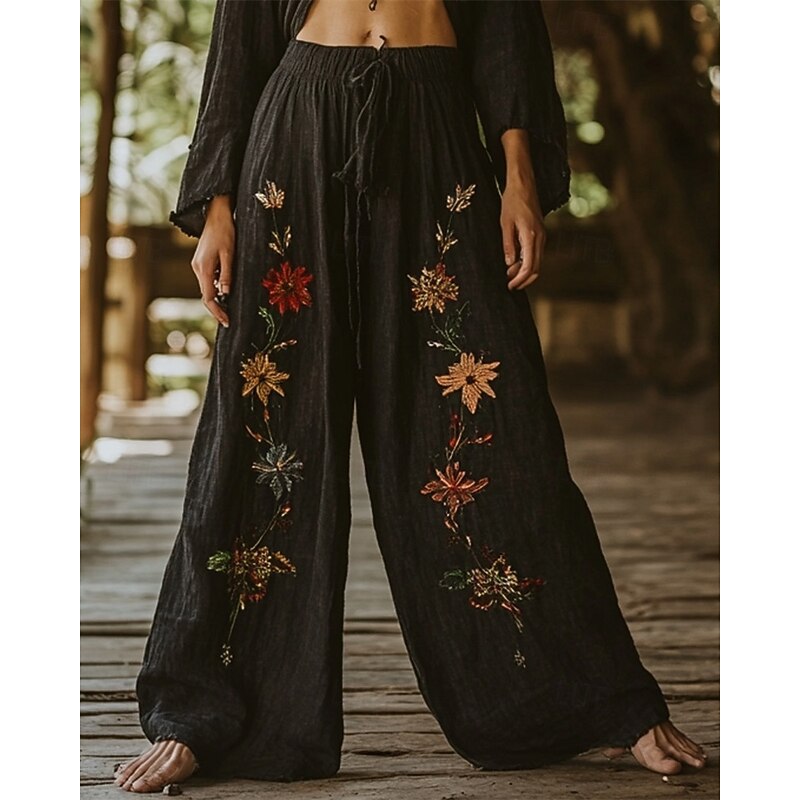 Women's Wide Leg Pants Trousers Palazzo Pants Casual Boho Full Length High Waist Flower Elastic Waist Drawstring Print Breathability Comfortable Street Daily Wear Going out Black Spring Fall Regular