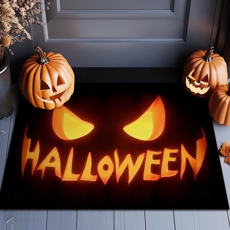 Halloween Indoor Outdoor Doormat Kitchen Mat Glowing Pumpkin Face Design, Non-Slip Front Door Mat for Porch, Entryway, Patio, Bedroom, Bathroom and 2025 Halloween Home Decoration2