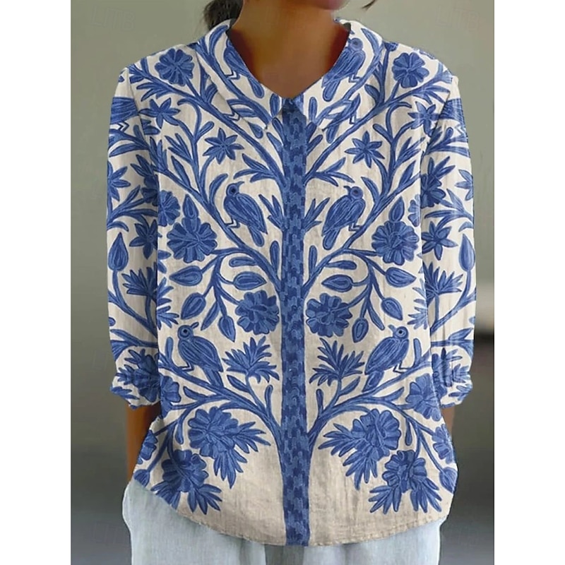 Women's Blouse Long Sleeve Peter Pan Collar Casual Floral Graphic Vintage Daily Stylish 3/4 Length Sleeve Collar Regular Tops Daily Print Yellow Pink Blue Summer Spring