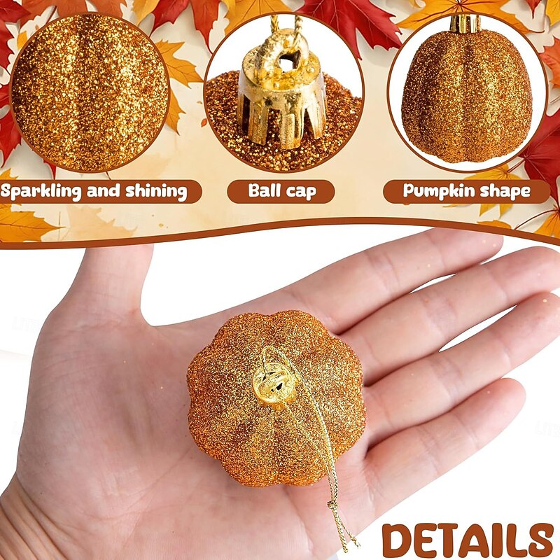 12 pcs Halloween Hanging Pumpkin Ornaments Fall Mini Thanksgiving Ball Ornaments, 6cm Mixed Artificial and Glitter Pumpkin Decorations for Harvest Festival, Autumn Table Display or Halloween Party Dec3