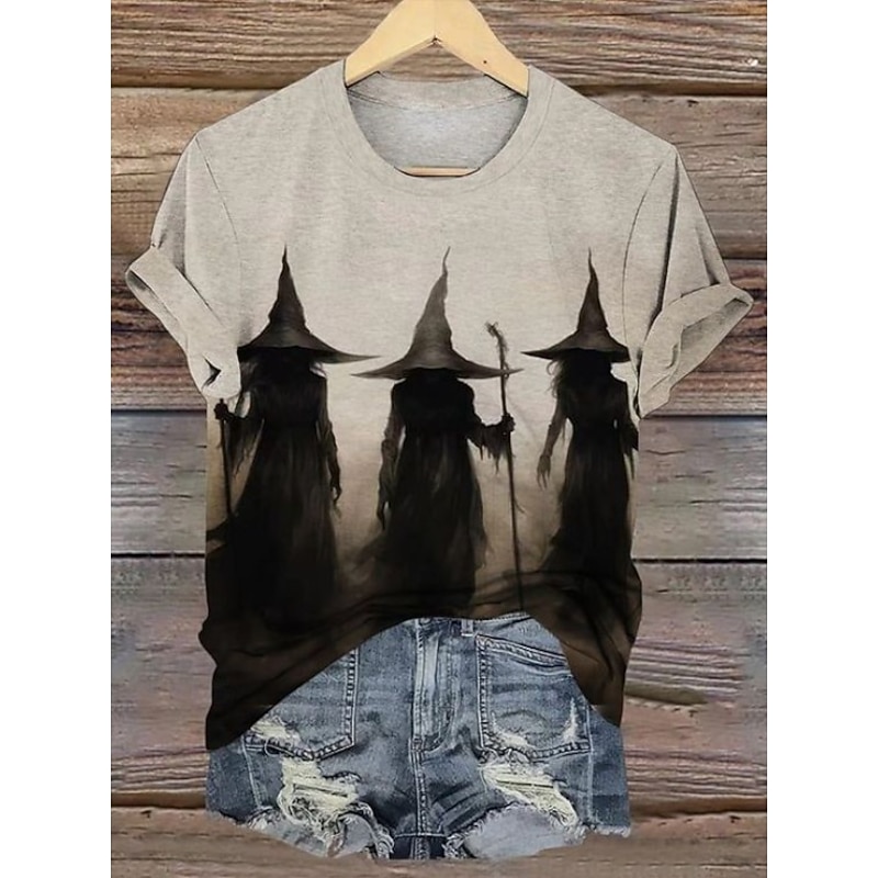 Halloween Women's T shirt Witch Graphic Vintage Stylish Classic Short Sleeve Crew Neck Regular Tops Daily Print Black and gray Khaki Light Grey Dark Gray Summer Spring Fall