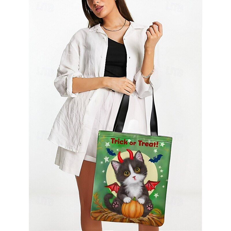 Women's Halloween Tote Bag with Cute Cat Print by Kayomi Harai, Large Capacity Canvas Shoulder Bag for Trick or Treat and Party Use2